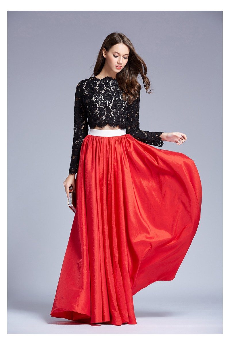 Lace Long Sleeve Two Piece Taffeta Prom Dress - $124 #CK463 - SheProm.com