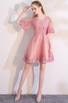 Pink Lace Short Homecoming Dress with Puffy Sleeves - MXL86023