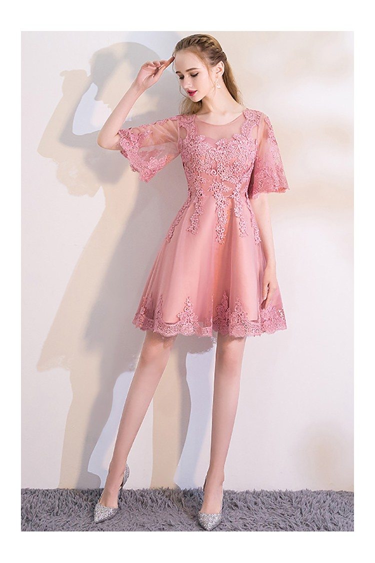 Pink Lace Short Homecoming Dress with Puffy Sleeves - $69 #MXL86023 ...