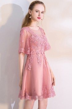 Pink Lace Short Homecoming Dress with Puffy Sleeves - MXL86023