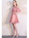 Pink Lace Short Homecoming Dress with Puffy Sleeves - MXL86023