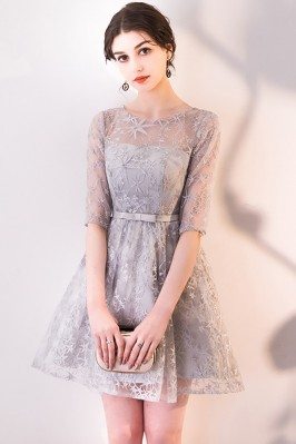 Grey Short Homecoming Dress Lace Up with Sleeves - MXL86076