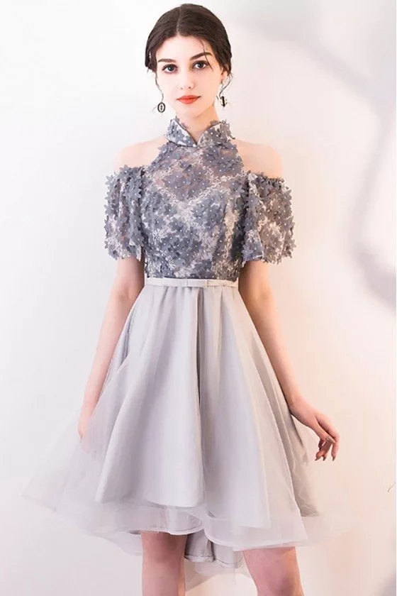 Cute Grey Cold Shoulder Homecoming Dress with Flowers - MXL86020