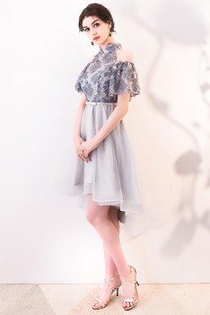 Cute Grey Cold Shoulder Homecoming Dress with Flowers - MXL86020
