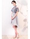 Cute Grey Cold Shoulder Homecoming Dress with Flowers - MXL86020