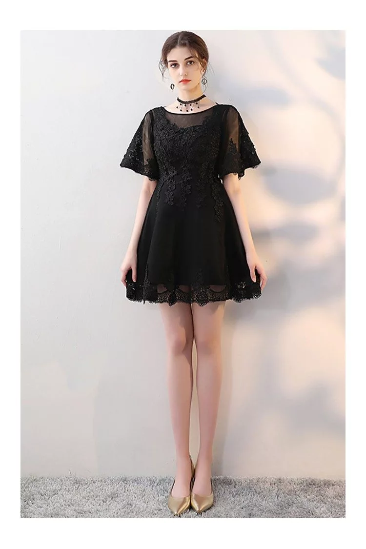 Little Black Aline Lace Homecoming Dress with Sleeves - $75.9816 # ...