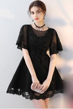 Little Black Aline Lace Homecoming Dress with Sleeves - MXL86013