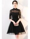 Little Black Lace Collar Homecoming Dress with Sheer Sleeves - MXL86057