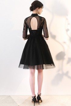 Little Black Lace Collar Homecoming Dress with Sheer Sleeves - MXL86057