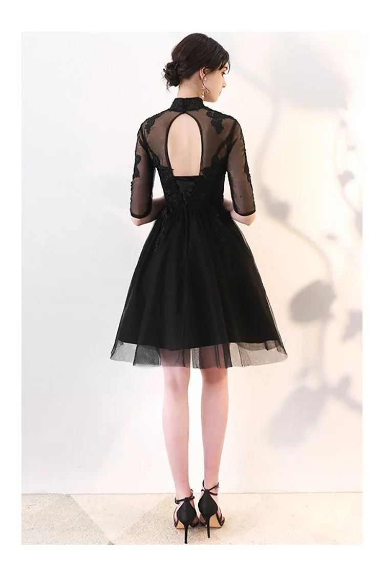 Little Black Lace Collar Homecoming Dress with Sheer Sleeves