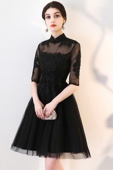 Little Black Lace Collar Homecoming Dress with Sheer Sleeves - MXL86057