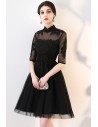 Little Black Lace Collar Homecoming Dress with Sheer Sleeves - MXL86057