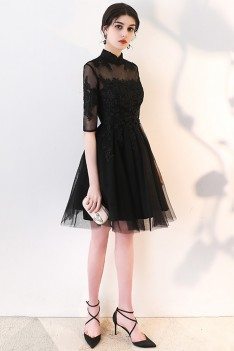 Little Black Lace Collar Homecoming Dress with Sheer Sleeves - MXL86057