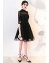 Little Black Lace Collar Homecoming Dress with Sheer Sleeves - MXL86057