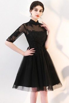 Little Black Lace Collar Homecoming Dress with Sheer Sleeves - MXL86057