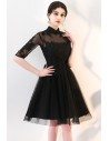 Little Black Lace Collar Homecoming Dress with Sheer Sleeves - MXL86057