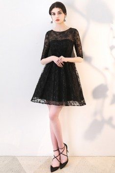 Short Black Homecoming Dress Lace with Sheer Sleeves - MXL86054