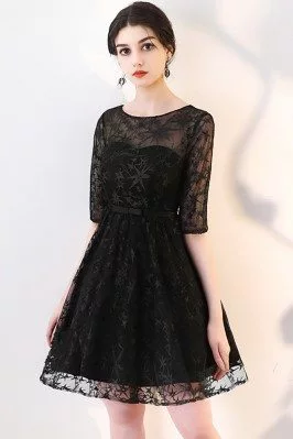 Short Black Homecoming Dress Lace with Sheer Sleeves - $75.9816 # ...