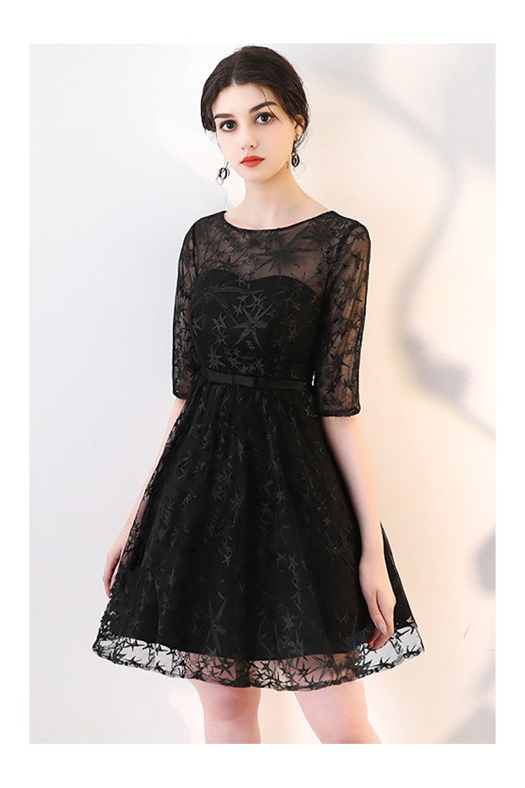 Short Black Homecoming Dress Lace with Sheer Sleeves - $75.9816