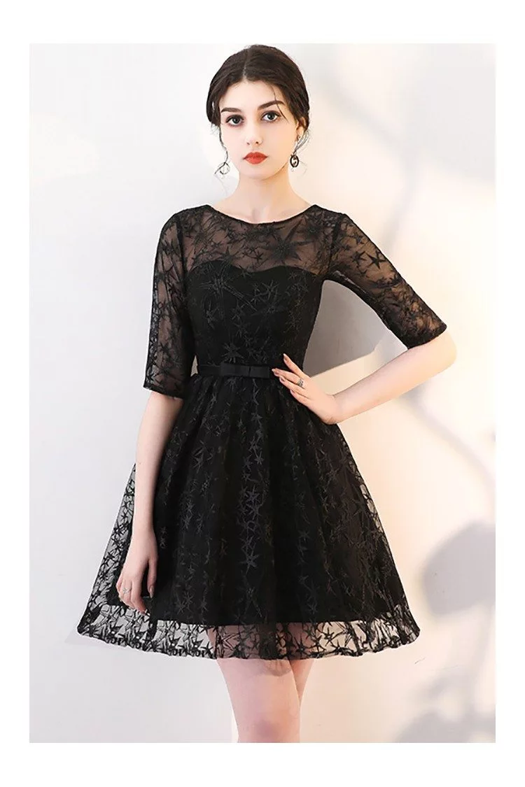 Short Black Dress Lace with Sheer Sleeves 69