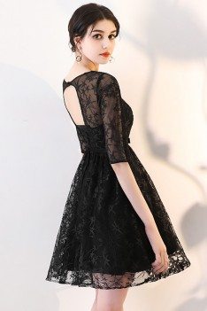 Short Black Homecoming Dress Lace with Sheer Sleeves - MXL86054