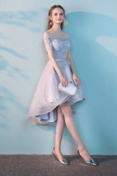 Grey High Low Off Shoulder Homecoming Dress with Lace - MXL86021