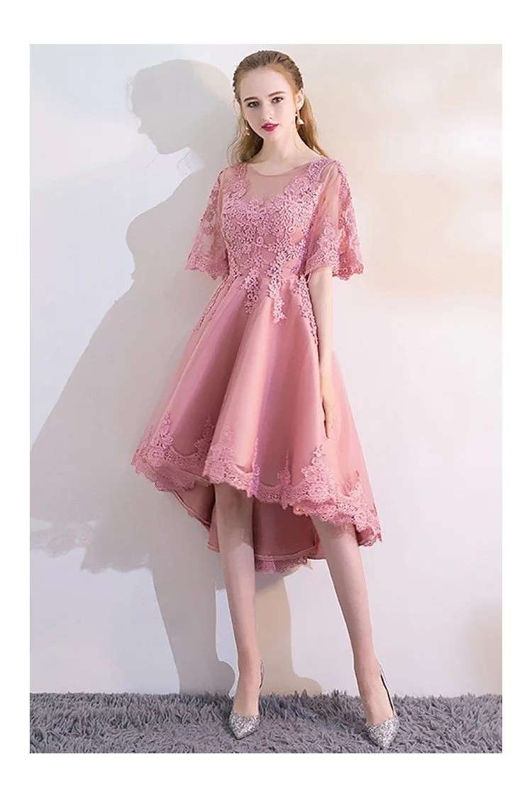 pink lace high low homecoming dress with puffy sleeves
