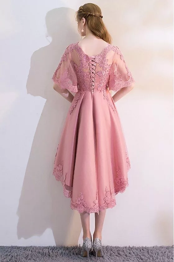 Pink Lace High Low Homecoming Dress with Puffy Sleeves - $78.9768 # ...