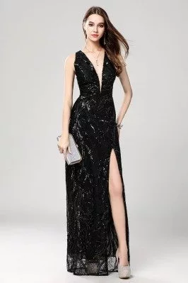 Sexy Black Sequin Deep V-neck Slit Prom Evening Dress