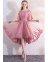 Pink Lace High Low Homecoming Dress with Puffy Sleeves - MXL86028