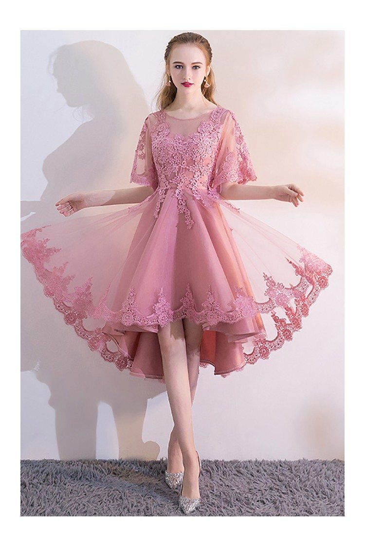 Pink Lace High Low Homecoming Dress with Puffy Sleeves - $69.52 # ...