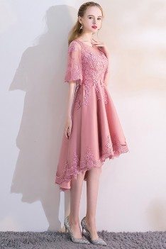 Pink Lace High Low Homecoming Dress with Puffy Sleeves - MXL86028