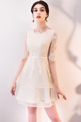 Light Champagne Lace Short Party Dress Tulle with Sleeves - MXL86075