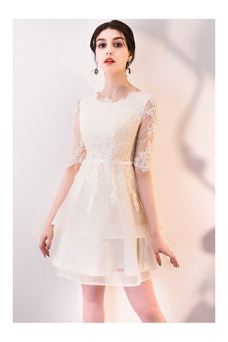 Light Champagne Lace Short Party Dress Tulle with Sleeves - $68.2 # ...