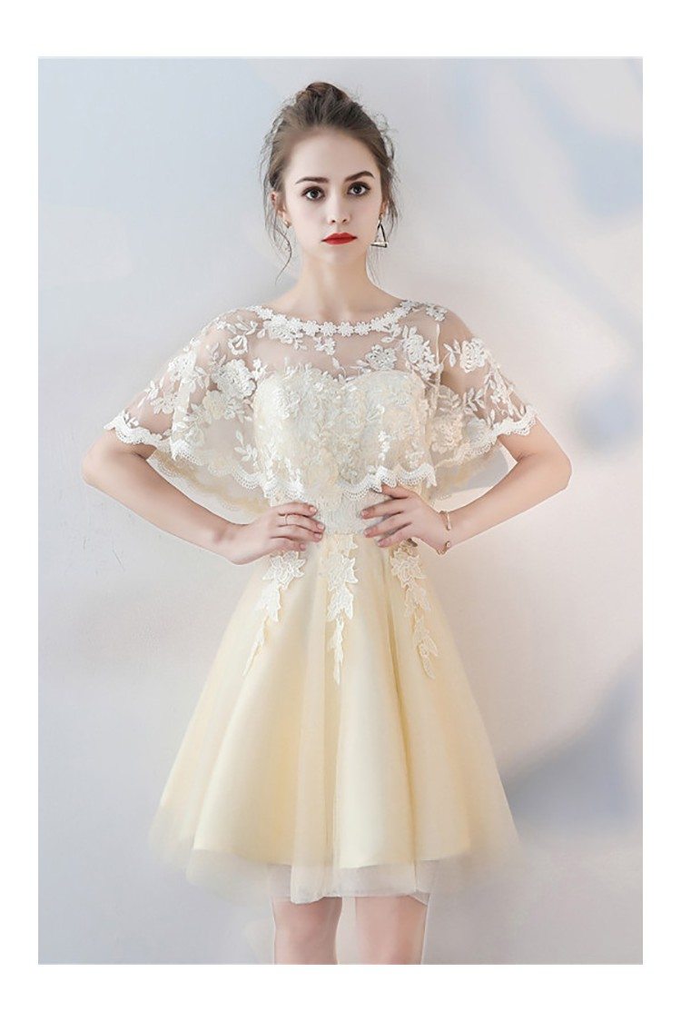 Champagne Tulle Short Party Dress with Lace Cape Sleeves - $75 # ...