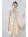 Champagne Tulle Short Party Dress with Lace Cape Sleeves - BLS86063