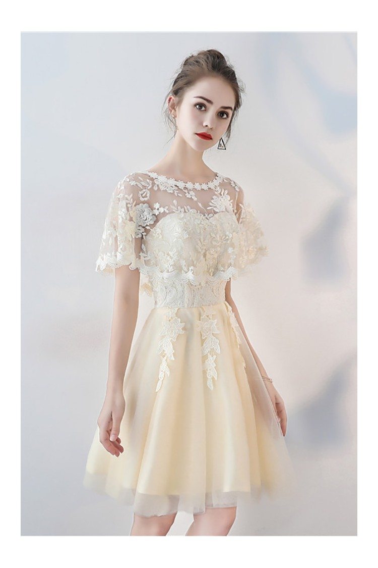 Champagne Tulle Short Party Dress with Lace Cape Sleeves - $75 # ...