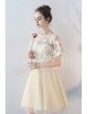 Champagne Tulle Short Party Dress with Lace Cape Sleeves - BLS86063