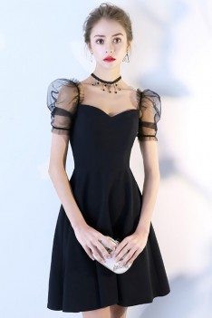 Black Bubble Sleeve Short Homecoming Dress with Sleeves - BLS86023
