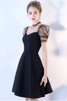 Black Bubble Sleeve Short Homecoming Dress with Sleeves - BLS86023