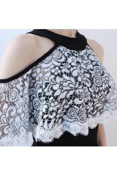 Black with White Lace Short Halter Homecoming Dress - BLS86067