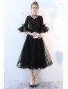 Lace Vneck Tulle Black Homecoming Dress with Trumpet Sleeves - BLS86040