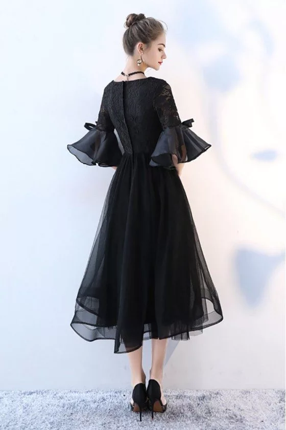 Lace Vneck Tulle Black Homecoming Dress with Trumpet Sleeves - $84.9816 ...