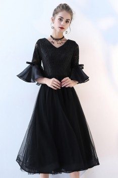 Lace Vneck Tulle Black Homecoming Dress with Trumpet Sleeves - BLS86040