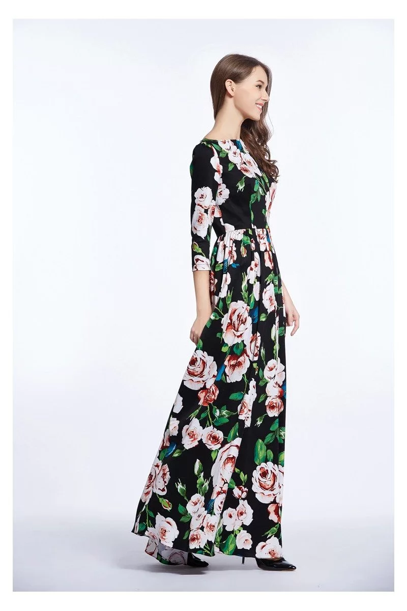 Designer Floral Prints 3/4 Sleeve Long Dress - $85 #CK464 - SheProm.com