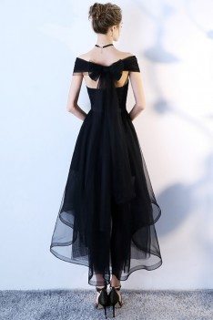 Black Tulle High Low Homecoming Dress Off Shoulder Sleeves - BLS86003