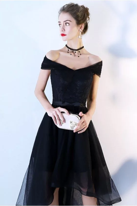 Black Tulle High Low Homecoming Dress Off Shoulder Sleeves - $78.9768 # ...
