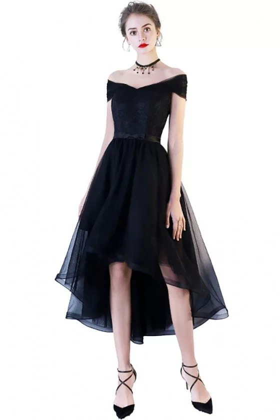 Black Tulle High Low Homecoming Dress Off Shoulder Sleeves - $78.9768 #BLS86003 - SheProm.com