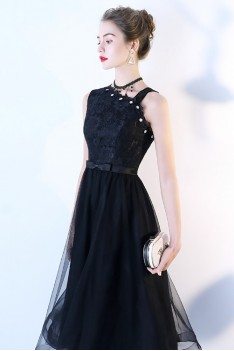 Black Lace Tulle Midi Party Dress with Irregular Shoulder - BLS86007