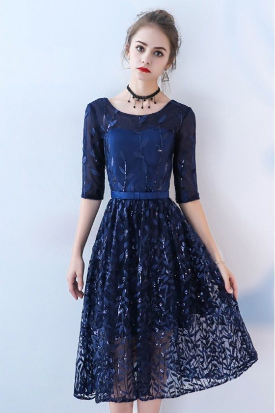 Navy Blue Sequined Party Dress Lace with Half Sleeves - $69.52 # ...